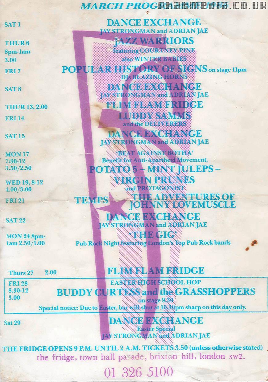 Fridge 1986 March Programme